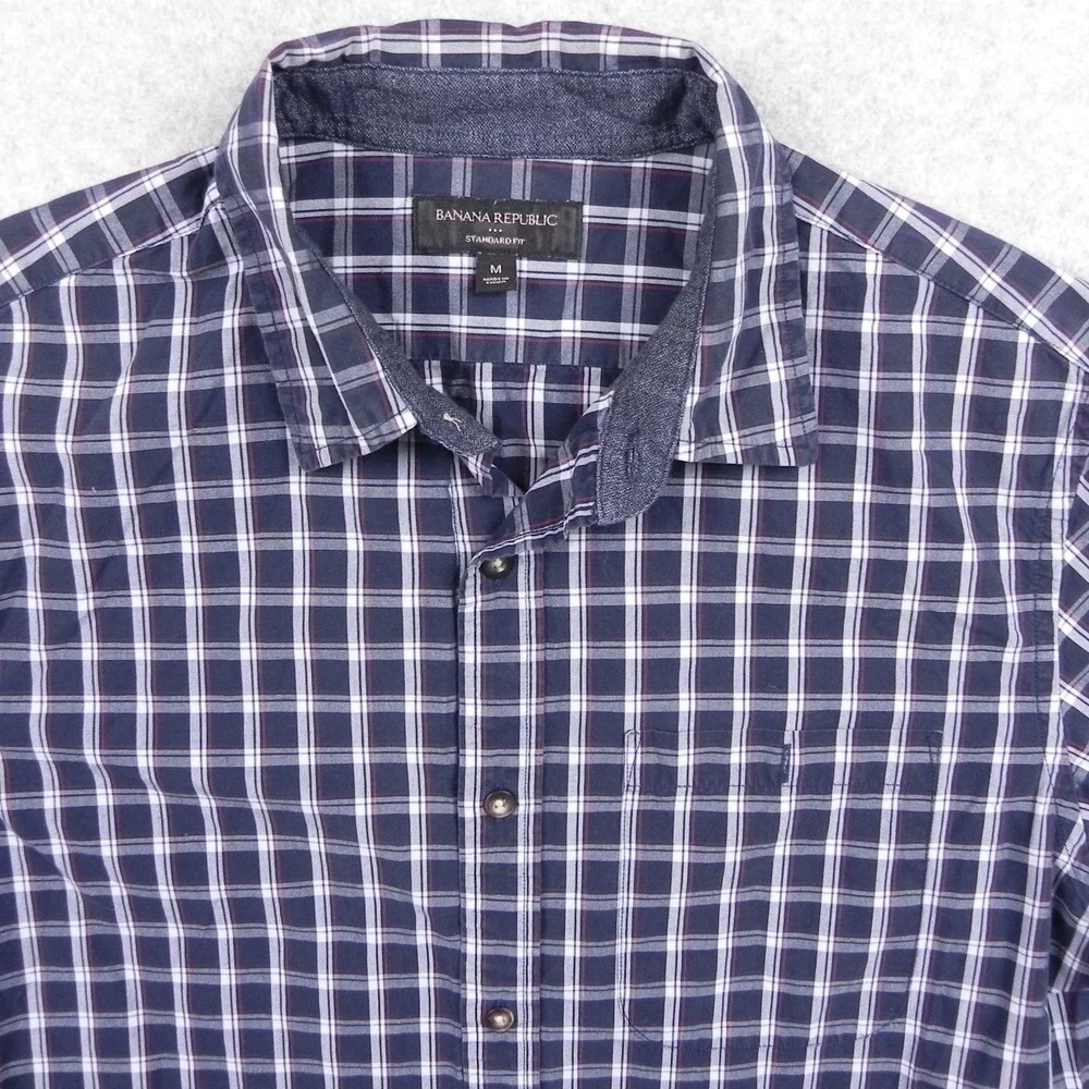 Banana Republic Shirt Mens Medium Standard Fit Button Up Blue Plaid Short Sleeve